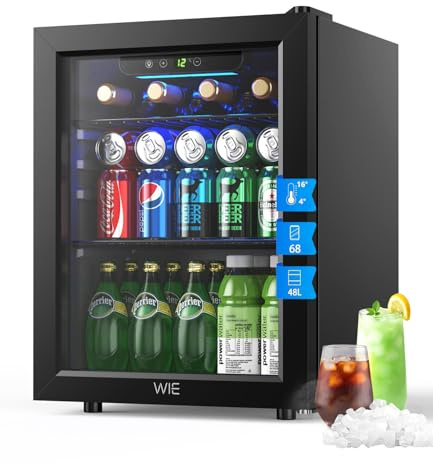 WIE Getränkekühlschrank, 48L Kühlschrank Klein mit Glastür, Mini Kühlschrank für 68 Dosen, Schwarz Freistehender Kühlschrank mit LED, Geräuscharm Bierkühler für Büro, Zimmer, Bar, Schwarz