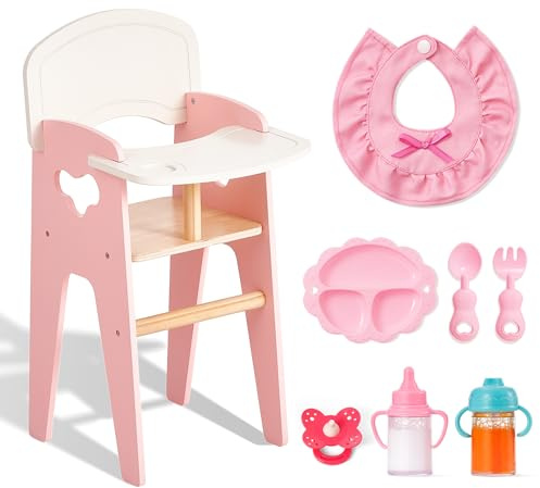 Puppenhochstuhl aus Holz 2-in-1 mit Hocker - Doll High Chair inklusive 6 Puppenzubehör - Rosa (Rosa)