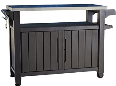 Keter Unity XL BBQ Beistelltisch, Abmessungen 134x51.7x89.6cm, grau, wetterfest, Arbeitsplatte aus Edelstahl, Outdoor Sideboard, perfekt für das Grillen im Frühling