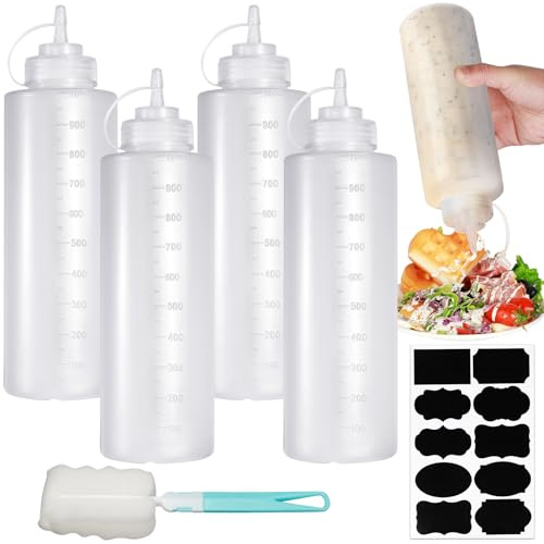 Nadisean 4 Stück 1000ML Quetschflasche, 32oz Squeeze Flasche mit Kappen | Dosierflasche 1000ml, Leck groß Saucenflasche mit Kappen, Plastik Squeeze Bottle mit bürste Aufklebern für Ketchup Sauces
