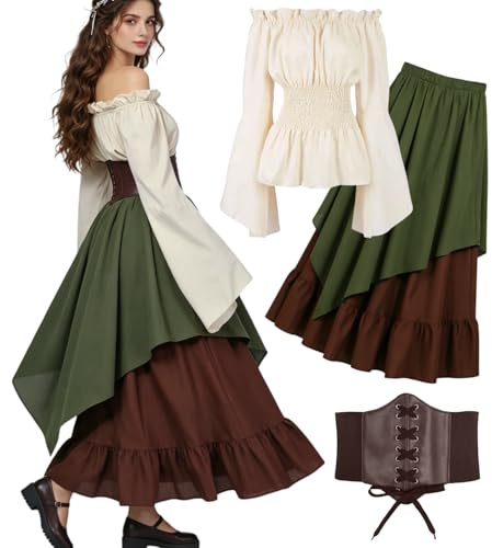 kasahara Mittelalter Kleidung Damen Set, Retro Off Shoulder Bluse Kleid Renaissance Kostüm Victorian Bekleidung Maxi Dressm mit Corsett Karneval Faschingskostüm