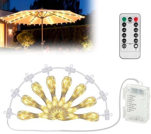 Sonnenschirmbeleuchtung, Sonnenschirm Lichterkette, 104 Led, 8 Modi, Led-Sonnenschirm-Lichterkette, Terrassenschirm-Lichter, Regenschirm Lichterkette Mit Fernbedienung, Batteriebetrieben