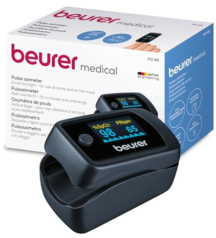 Beurer PO 45 Pulsoximeter, Messung von Sauerstoffsättigung (SpO2), Herzfrequenz (Puls) & Perfusions Index (PI), schmerzfreie Anwendung, Farbdisplay, 1 Stück (1er Pack)