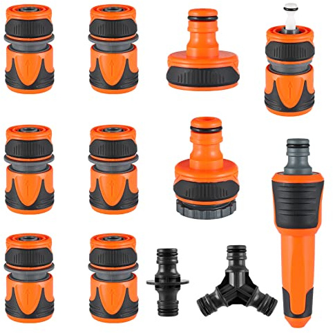 Gartenschlauch Verbindungsstück Kit,12 Stück Schlauchverbinder, Schlauchanschluss inkl.1/2” auf 3/4” Adapter,Wasserhahn Anschluss G1,Schnellkupplung 1/2”,Doppelstecker,Y-Verteiler und Wasserdüse