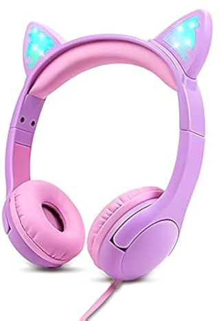 Olyre Kinderkopfhörer, Sichere 85 dB Lautstärkebegrenzung, Aufleuchtende Katzenohr-Kopfhörer für Kinder für Schule, Lernen, Reisen – Violett/Rosa