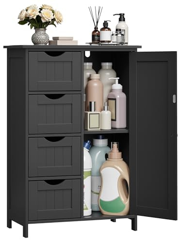 VASAGLE Badezimmerschrank, 4 Schubladen, Schranktür, 30 x 55 x 82 cm | schmaler Badschrank, Beistellschrank, Kommode, verstellbare Ablage, Tintenschwarz, SOFIE Kollektion LHC041B02