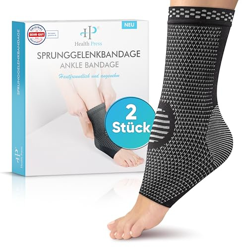 Health Press Sprunggelenkbandage, Größe L, Schwarz, 2 Stück | Stützstrümpfe, Entlastung & Stabilisierung des Sprunggelenks, Fußbandage, stützende Knöchelbandage, Kompressionssocken