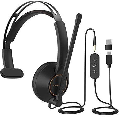 Nuroum HP11-SU USB Headset mit Mikrofon, Kabelgebundene Einzel-Ohr (Mono) Headset mit Komfort, USB-A/Typ-C/3,5-mm Anschluss an PC/Mac, Funktioniert mit Zoom/Teams für Anruf/Telefonat/Konferenz