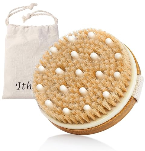 Ithyes Trockenbürste, Körperbürste, Peelingbürste, natürliche Borsten, Badebürste zum Entfernen abgestorbener Haut, Cellulite, verbessert Lymphfunktionen, Peeling