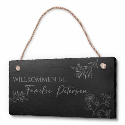 Schöne Schiefer Türschilder für die Haustür mit Gravur - 20x10 cm - Schiefer Schild mit Kordel zum Aufhängen - graviertes Haustürschild & Willkommensschild