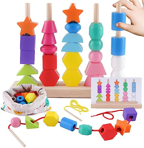 Melofaver Fädelspiel Steckspiel ab 3, Montessori Spielzeug ab 3 4 5 Jahre | Holzspielzeug Bausteine Sortierspiel für Kinder, Holz Stapelspiel Motorikspielzeug Lernspiele Geschenk für Junge Mädchen