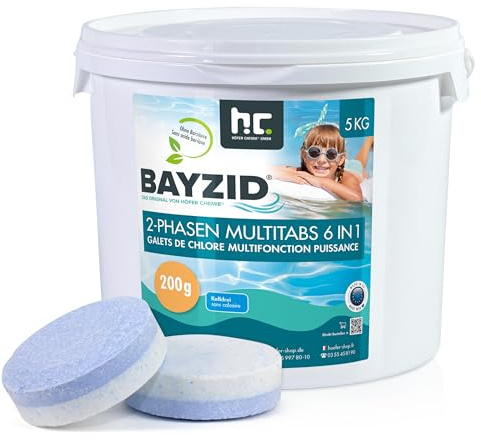 Höfer Chemie Chlor Multitabs 6 in 1-200g Chlortabletten im 5kg Eimer - 2 Phasen Wirkung zur Schockchlorung. Langzeitpflege, Desinfektion, Algenverhütung, Trübungsentfernung, Kalkvermeidung, pH-Wert