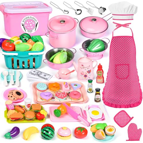 121 Stück Kinderküche Zubehör, Spielküche Zubehör mit Schürze & Kochmütze, Matschküche Zubehör mit Lebensmittel Spielzeug, Kochgeschirr, Aufbewahrungsbox, Schneiden Obst Gemüse, Rollenspiele Geschenk
