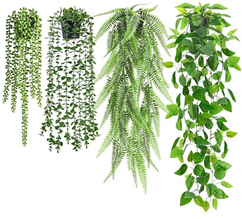 BTSD-home 4 Stück Künstliche Hängepflanzen Kunstpflanze Hängend Fake Plant Für Wohnzimmer Wanddeko Zimmer Deko Mit Efeutrauben Künstlichem Eukalyptus Bostonfarn Und Perlenkette