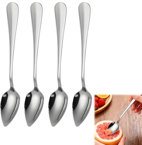 4 Stück Grapefruitlöffel Edelstahl Obstutensilien Set mit Wellenschliff Grapefruitmesser-Werkzeug für Zitrusfrüchte Kiwi Dessert Zitronensalate Limetten Pitaya-Püree