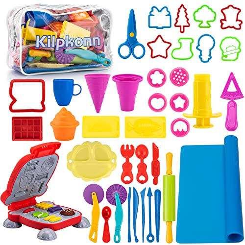 Knetwerkzeug für Kinder, 41 Stück Knete mit Zubehör Creation Frühstück Burger & Pasta, Formen Rollen Nudelholz, Knetmatte mit Aufbewahrungstasche, Teig Spielzeug Geschenk für Jungen Mädchen