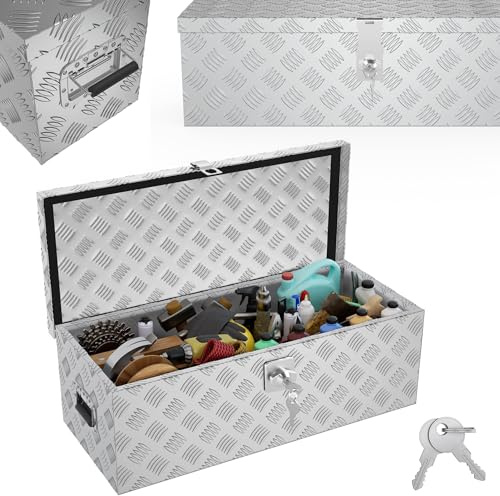 YRHome 60L Aluminium WerkzeugkisteAlubox Aluminiumkiste Transportbox Deichselbox Für PKW Anhänger Mit Verriegelungssystem Sicherheitsgriffe 2 SchlüsselnStoßfest Wasserdicht,Silber 76 * 33 * 24.5 CM
