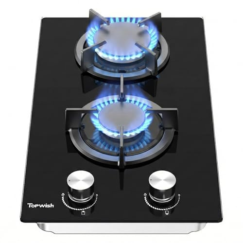 TOPWISH Gaskochfeld 2 flammig, gasherd 2 flammig, glas gaskochfeld einbau 30cm, NG/LPG konvertierbar, zündautomatik, thermoelementschutz, 4750W