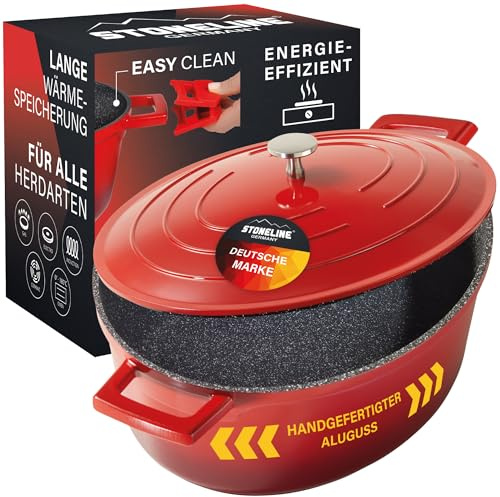 STONELINE Cocotte Bräter Induktion mit Deckel 32 cm, 6,6 L, Topf Antihaft Beschichtung mit echten Steinpartikeln, Bratentopf Schmortopf für alle Herdarten und Backofengeeignet, Farbe: Rot
