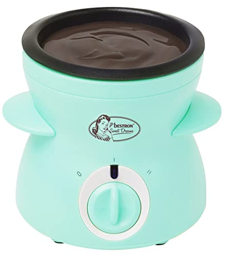 Bestron Schokoladen Fondue für 2 Personen, Mini-Schokofondue-Set, inkl. 10xSpieße, 10xGabeln und 1xSpachtel, 25Watt, Farbe: Mint