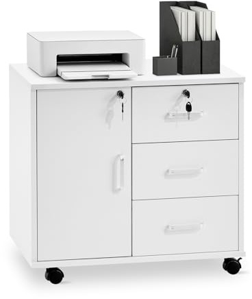 TUKAILAI Rollcontainer Abschließbar, Mobiler Aktenschrank mit 3 Schubladen und Schrankfach, 4 Rollen, Schubladenschrank für Büro und Home Office, Weiß