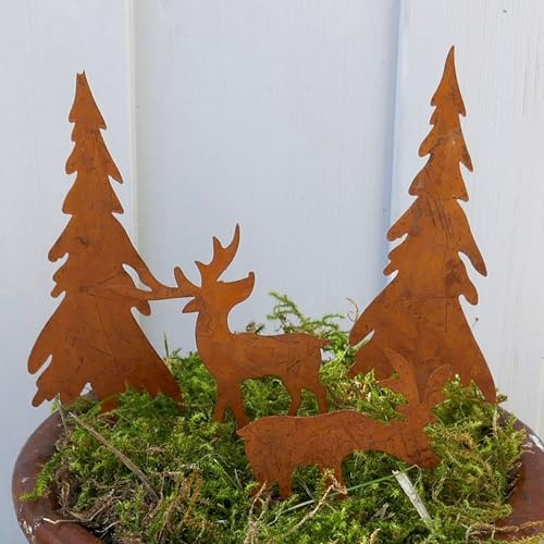 Gartenstecker Elch und Tanne 4er Set zum Stecken Rostdeko für Advent Weihnachten