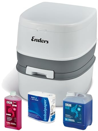 Enders Campingtoilette Supreme Blue M Set, komfortable Höhe, Transportrolle & Klopapierhalter, inkl. 2,5L Blue + Rinse + 4 Rol. WC-Papier, Chemietoilette, Camping WC & mobile Toilette für Camping weiß