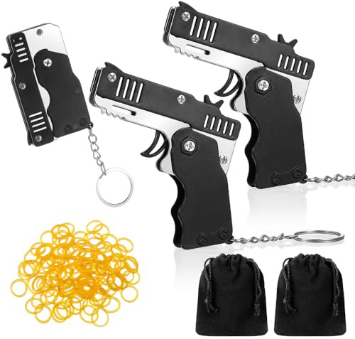 Herdear 2 Stück Klappbare Gummiband Pistolen Spielzeuge mit 120 Stück Weich Elastische Gummibänder Metall Faltbar Gummiwerfer Pistole Schlüsselanhänger für Weihnachten Erwachsene (Schwarz)
