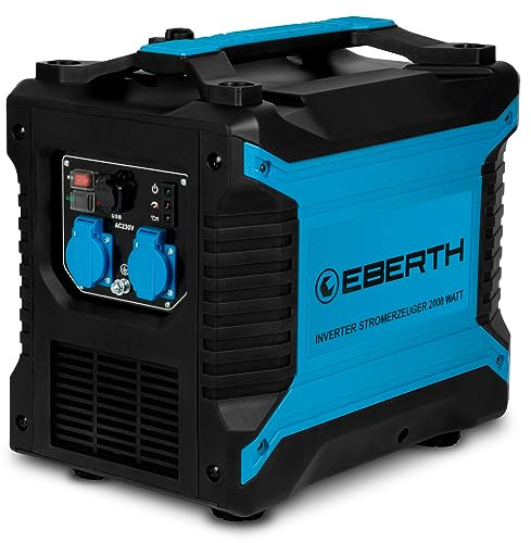 EBERTH 2000 Watt Inverter Stromerzeuger leise, Notstromaggregat mit 3 PS Benzinmotor, 4-Takt, Stromgenerator mit 2x 230V und 2x USB Anschluss, Invertertechnik für Strom ohne Spannungsspitzen