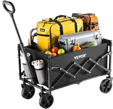 VEVOR Bollerwagen 66x45x46 cm, 102 kg Faltbarer Transportwagen mit Geländerädern, Outdoor-Allzweckwagen mit verstellbarem Griff, Campingwagen für Strand, Lebensmittelgeschäft, Garten, Schwarz