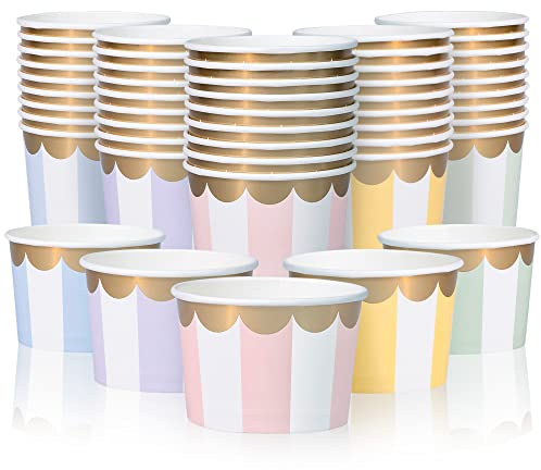 Papp-Eisbecher – 50 Stück 260 ml Einweg-Dessertschalen für heiße und kalte Speisen, Party-Becher für Eis, Frozen Yogurt, Suppe, 5 Farben Pastellstreifen mit gewellter Goldfolie