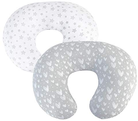 Stillkissenbezüge (nur Bezüge), dehnbar, 100% Jersey-Baumwolle, weiche Stillkissenbezüge, passend für Chicco Boppy und Widgey Stillkissen, Weiß und Grau, 2 Stück