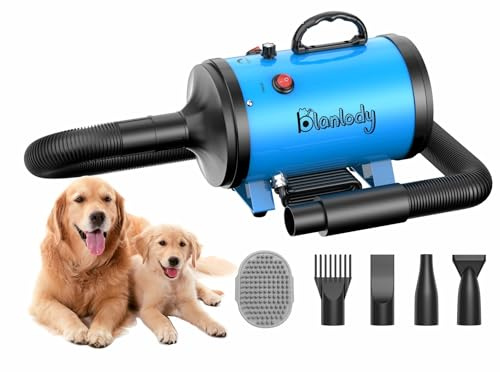Blanlody Hundefön Blower Sehr Leise 4.5 PS / 3200W Motor Einstellbare Geschwindigkeit, Hundepflege-Trockner-Gebläse mit 4 verschiedenen Düsen elastischem Schlauch und Pflegebürste…