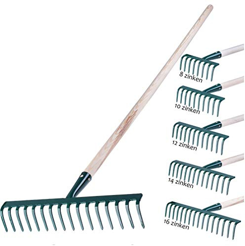 KADAX Rechen aus Metall, Flache Harke mit Stiel aus Holz, Laubbesen für Garten, Beet, Laubrechen, Rasenrechen, grün, Gartengerät, Heurechen, Gartenwerkzeug, Gartenharke (16 Zinken)