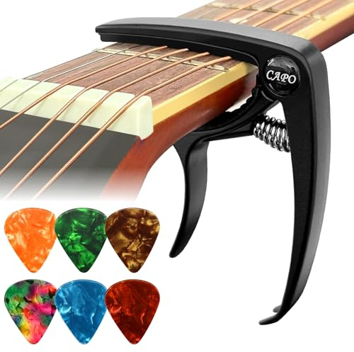 Kapodaster für Gitarre, Capo Gitarre mit 6 Plektren, Kapodaster Capo Capotastos für akustische E-Gitarren und Ukulele, Material Zinklegierung