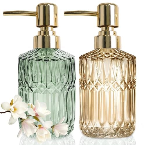 JINYOMFLY Seifenspender Grün Gold Glas, 390ml Shampoo Flaschen zum Befüllen, Seifenspender Glas mit Pumpe, Vintage Elegant Seifenspender 2er Set