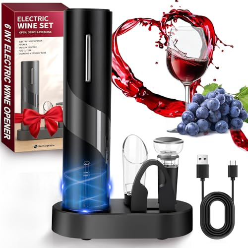 Korkenzieher Elektrisch, Hotec Weinflaschenöffner Set, Automatischer Flaschenöffner, Geschenkidee Weinflaschenöffner, Korkenzieher Wein mit Kapselschneider, USB-Kabel, Ausgießer, Vakuumstopfen