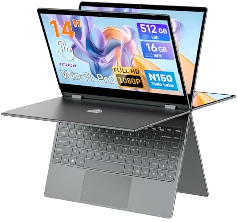BMAX 2-in-1 Laptop Touchscreen Notebook Intel N150 up to 3.6GHz 16GB RAM 512GB SSD 14 inch Full HD Convertible Computer Beleuchtete Tastatur USB-C/3.2, Bluetooth, WiFi Deutsche Tastaturschutzfolie
