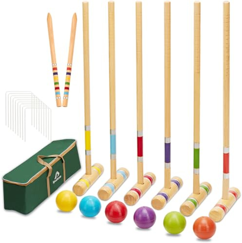 ApudArmis Sechs Spieler-Krocket-Set mit Premiun-Kiefernholzschlägeln, farbiger Ball, Dochte, Pfählen – Rasen-Hinterhof-Spiel-Set für Erwachsene/Kinder/Familie (große Tragetasche inklusive)