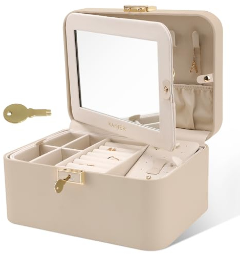 KAMIER Schmuckkästchen mit Spiegel und Schloss, 2-stöckige luxuriöse und geräumige Schmuckschatulle aus hochwertigem Flanell für Damen, Ringe, Ohrringe, Armbänder und Halsketten, Beige