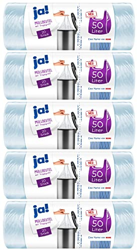 ja! 100 Müllbeutel/Mülltüten mit Tragegriff, 50 Liter, 20 Stück pro Rolle, reißfeste Bodennaht, transparent, 5 Rollen