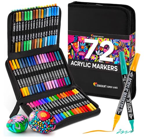 Zenacolor 72 Acrylstifte für Steine Wasserfest - mit Doppelspitze (feine Spitze und Pinsel) zum Zeichnen verschiedene Oberflächen - Acrylic Paint Marker mit einer Tasche