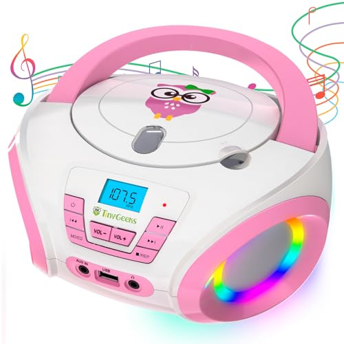 Tunes Kinder CD Player mit UKW Radio und Lautsprecher inklusive Batterien | Bunte Discolichter sorgen für Tanzspaß und eignen sich toll als Geschenk, Rosa