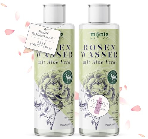 Rosenwasser Gesichtswasser mit Aloe Vera 2x200ml Monte Nativo (400ml) - Rose water for face 100% Natürliche Gesichtspflege - Gesichtstoner - Gesichtsreinigung - Porenreiniger Gesicht - Anti Pickel