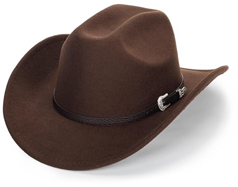 Klassischer Western-Cowboyhut aus Filz für Damen und Herren, breite Krempe, Gürtelschnalle, Cowboyhut (Größe: M - L), Kaffee, M/L