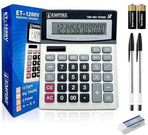 Empire Tischrechner mit großen Tastenknöpfen, 12 Ziffern, großes Augenwinkel-Display, solarbetrieben und batteriebetrieben, für Zuhause und Büro (Batterie im Lieferumfang enthalten)