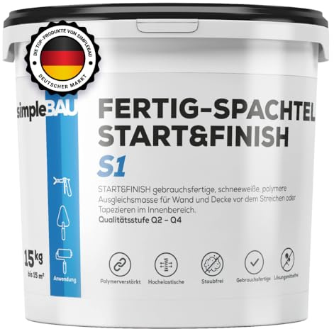 simpleBAU Spachtelmasse Weiß Innen 15 kg – Gebrauchsfertige Fertigspachtel für Wand & Decke, Polymer-Spachtelmasse Start&Finish – Glätten, Füllen & Reparieren, Staubfrei & Leicht Schleifbar