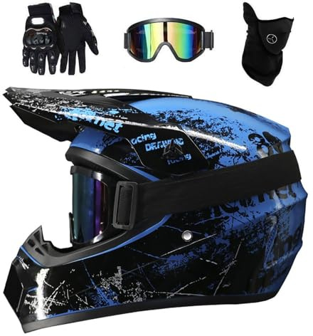 Doppelsport Motocross Helm Satz, Jugend Kinder Integral Offstraße Rennen Motorrad Absturz Helme, Bergab BMX MTB ATV Enduro Quad Dirtbike Helm, mit Brille Handschuhe Maske