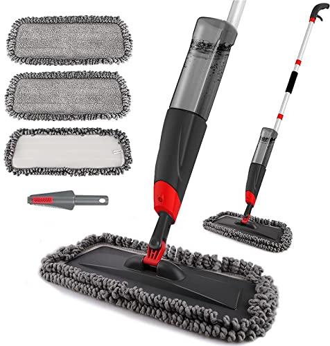 Bodenwischer mit Sprühfunktion, Homgif Sprühwischer Wischer mit Wassertank 360 Grad Rotierender Wischmopp Spray Mop Wischer Boden mit 3 Waschbaren Mikrofaser Pads für alle Böden (Rot, 750ML)