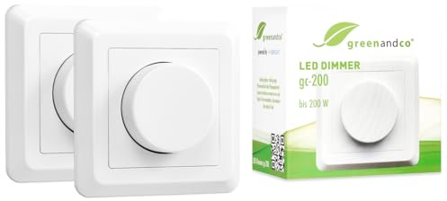 2 Stück greenandco gc-200 | Unterputz LED und Halogen Dimmer | 1-200 Watt | auch für herkömmliche Leuchtmittel | für Wechselschaltungen geeignet | weiß